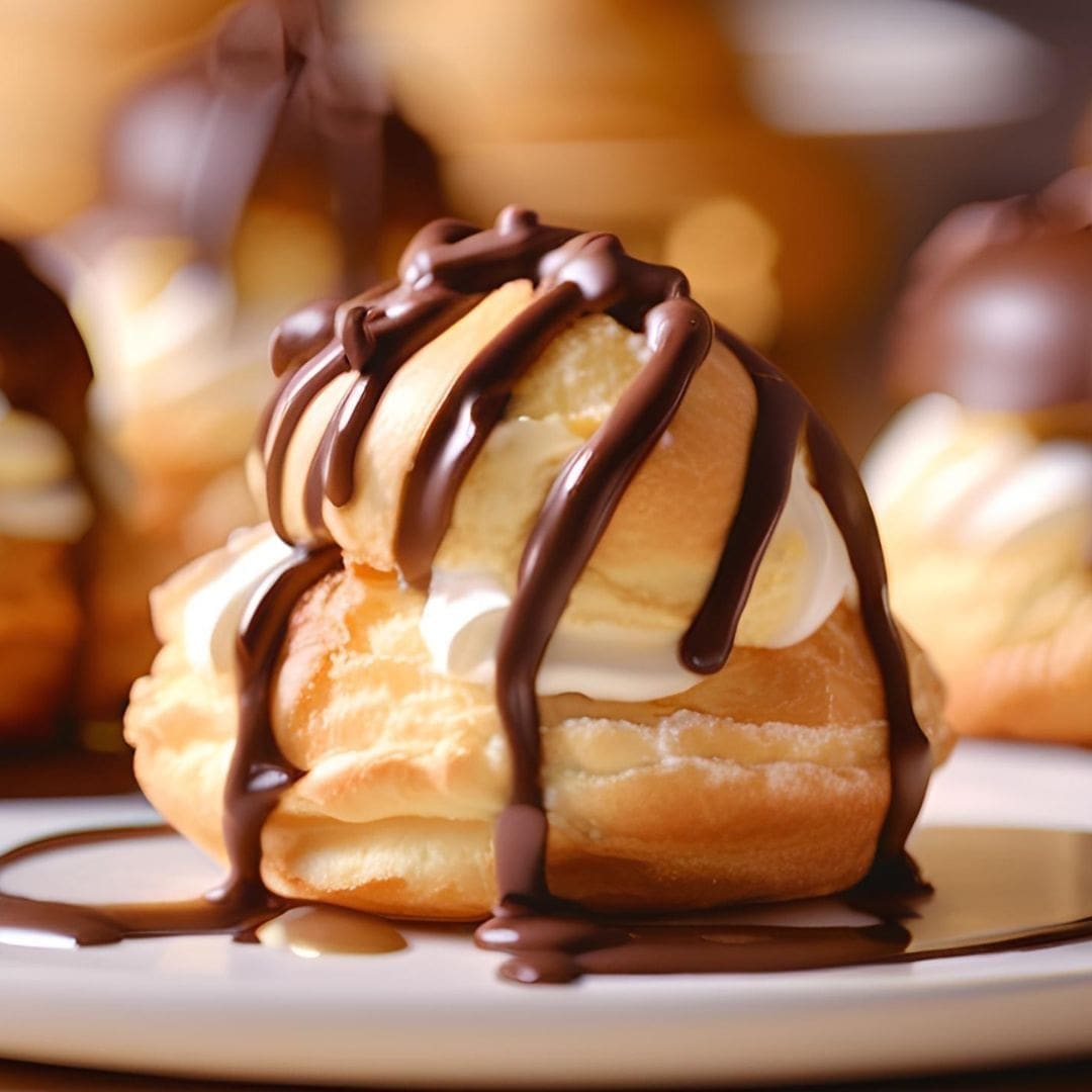 Profiteroles, a golden-brown choux pastry, whipped cream filling, and glossy chocolate drizzle.