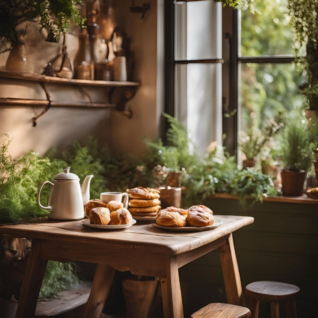 A cozy fika setting with freshly baked Swedish pastries, a warm teapot, and rustic wooden decor. Surrounded by lush greenery and soft natural light, this inviting scene embodies the perfect coffee break tradition of Sweden.