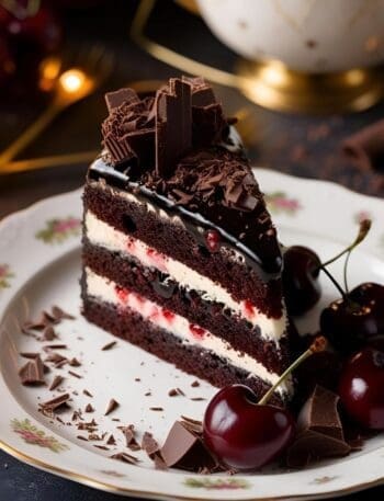 Classic Black Forest Cake with moist chocolate layers, fluffy whipped cream, sweet cherries, and rich chocolate ganache.
