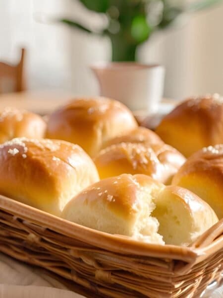 A basket of freshly baked, golden-brown dinner rolls topped with sesame seeds, arranged neatly and glistening with butter, in a cozy sunlit kitchen setting.